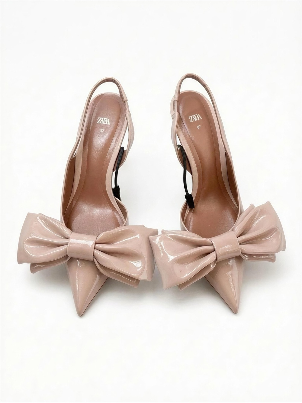 Zara Nude Patent Pointed-Toe Slingback Heels with Bow Sz 37